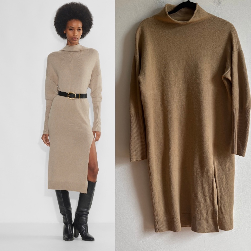 Aritzia Wilfred Sz S Cyprie Merino Wool Tan Sweater High Collar Midi Dress